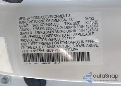 2022 Honda Passport Awd Trailsport из США, поврежденный, VIN 5FNYF8H61NB024793